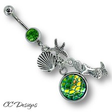 Anillo vientre escala arco iris caparazón estrella de mar sirena colgante circonita verde brillo 14 g B495