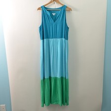 J Jill Maxi Dress Womens Large Sleeveless Lined With Pockets Blue Green Rayon
