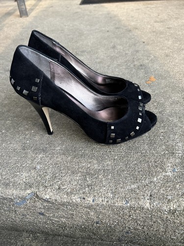 Nicole Miller New York Gun Metal Nieten schwarz High Heel Peeptoe Heels Größe 9M - Bild 5 von 8