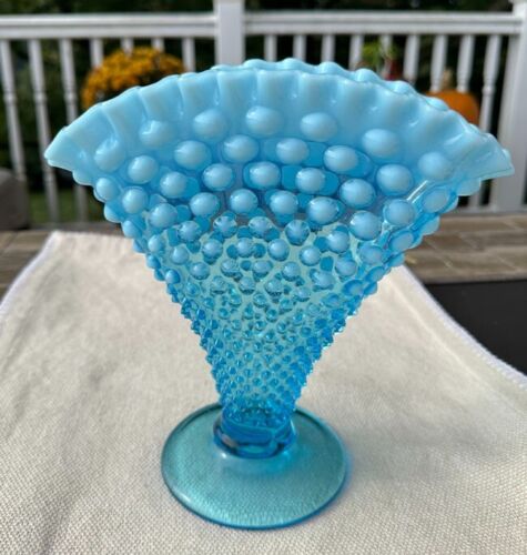 Fenton Blue Opalescent Hobnail Large Fan Vase - 8-1/4" - Picture 3 of 6