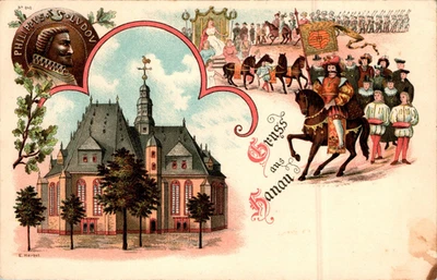 LITHO GRUß AUS HANAU MAIN KINZIG KREIS KIRCHE + FESTZUG 2 BILD COL. UM 1900 - Bild 1 von 2
