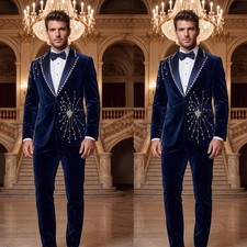 Royal Blue Velvet Men's Suits Beading Wedding Groom Tuxedo Party Dinner Outfit
