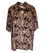 Pierre Cardin Men's M Beige Purple Floral Rayon Short Sleeve Button-Up Shirt
