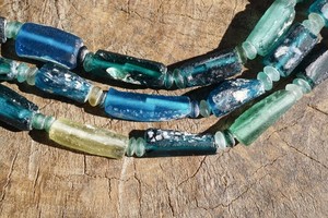 Blue Old Afghani Ancient Venetian Roman Glass Tube Beads (2876A018)
