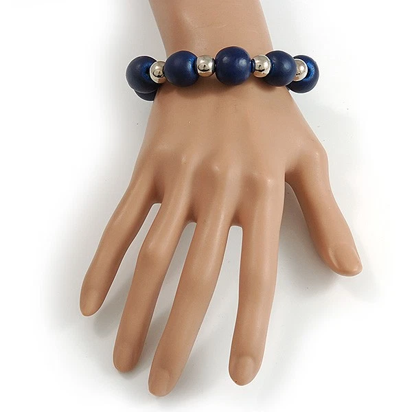 Collar, pendientes, juego de pulsera de cuentas de acrílico de madera y plata azul oscuro - 70 cm Foto 4 de 4