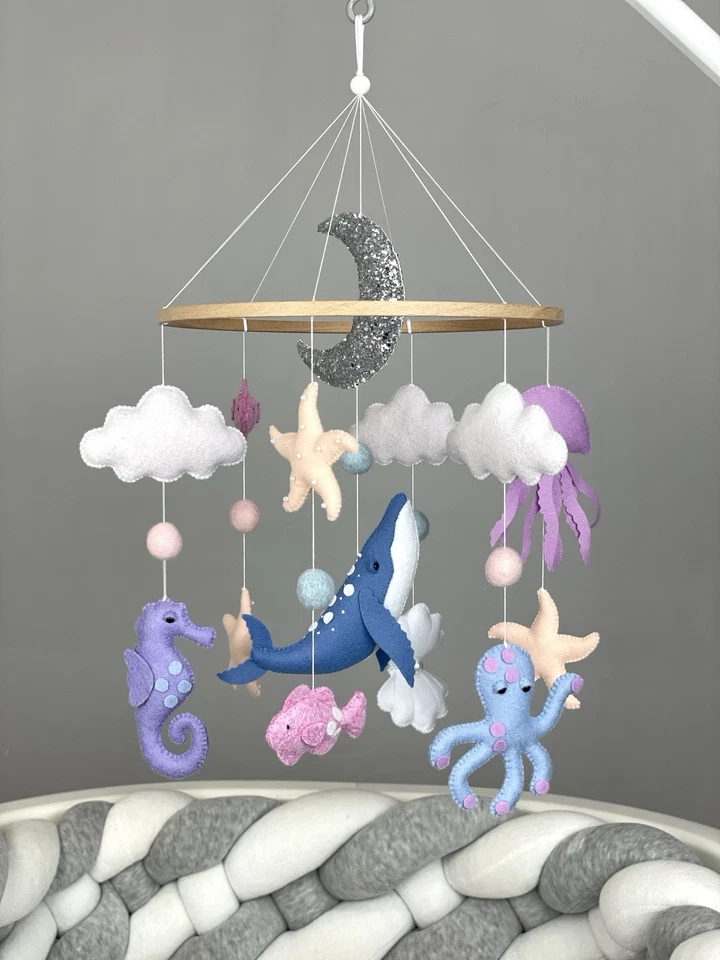 Ocean baby mobile girl crib Felt sea animals hanging Ocean nursery decor Coastal - Image 2 of 4