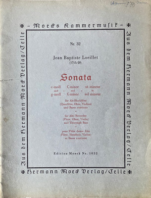 Jean Baptiste  Loeillet Sonata c-moll für Altblockflöte und B. C. Ed. Meock 1032