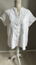M&S 100% LINEN WHITE SHORT SLEEVE PINTUCK/EMBROIDERED DETAIL BLOUSE SIZE 20