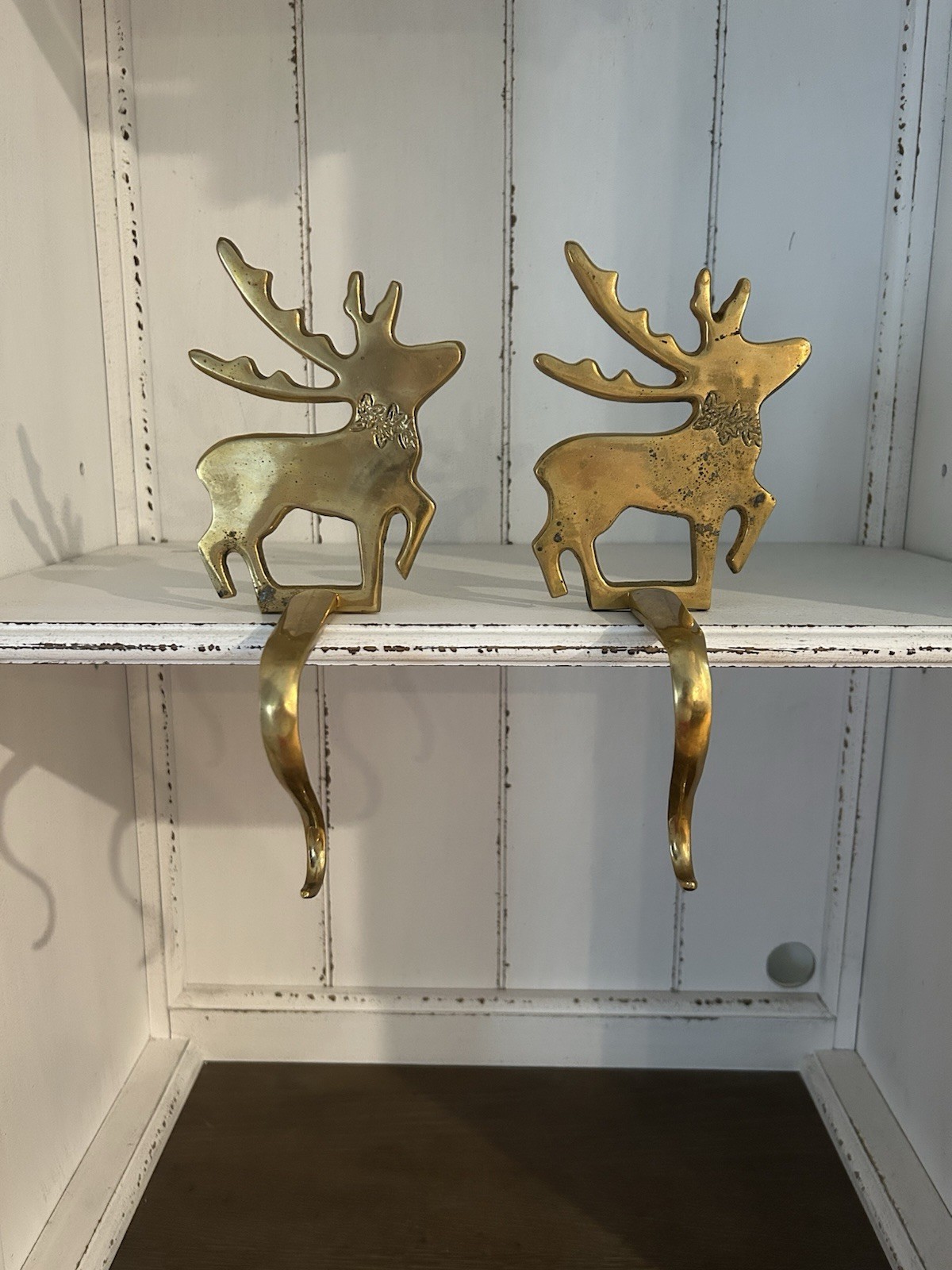 VTG, Solid Brass, Sturdy, Heavy, Reindeer, Mantle Stocking Holders