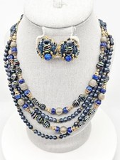 Vtg Signed HOBE Egyptian Revival Art Glass Multi Strand Necklace Demi Parure 70g