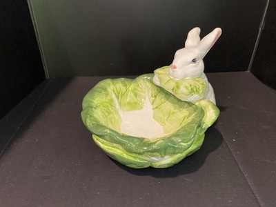 Vintage Ceramic Bunny Cabbage Candy Dish Bowl Spring Decor Rabbit Serving Bowl