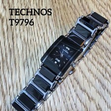 Technos T9796 Ladies Watch Black Ceramic Rectangular Case Black Dial Bracelet