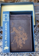 US POLO ASSN Brown Leather Logo Embossed Slim fold Wallet Men's Buy 2 Ship Free