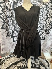 Boohoo Shift Mini Dress UK 10 Black Drawstring V-Neck Long Sleeve Boho Loose