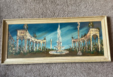 Italian Fountain Oil on Board Signed Tzen or Fjen (Frame 52 " x 22 ")