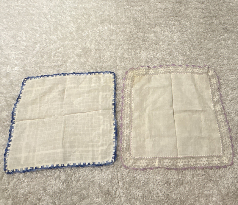 Lot of 2 Vintage White Cloth Handkerchiefs w/ Blue & Purple Lace Trim
