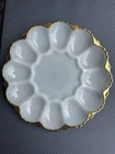 Vintage Anchor Hocking Milk Glass Deviled Egg Plate with Gold Trim Ornate Bottom