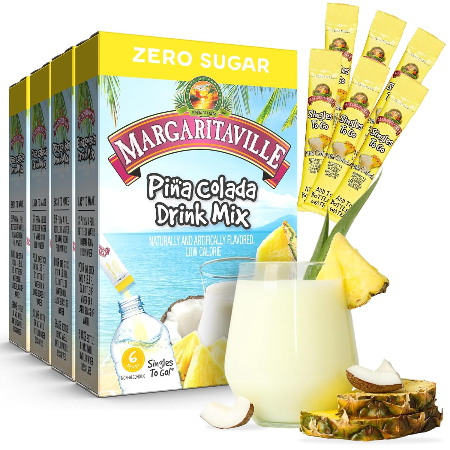 Singles to Go Water Drink Mix - Pina Colada Flavored, Non-Alcoholic Powder Stick