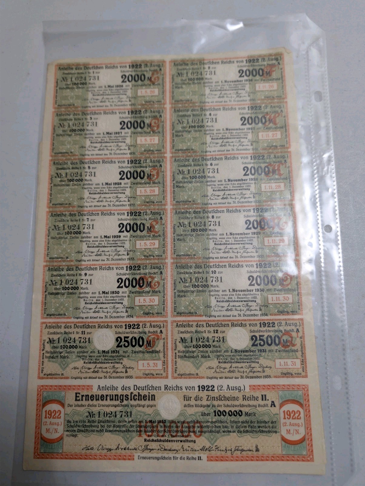 Germany Weimar Republic 1922 Berlin German Treasury Bond W/ Coupons 100,000 Mark