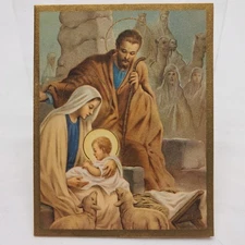 Vintage Christmas Greeting Card 1950s Nativity Manger Scene Baby Jesus Gold Art