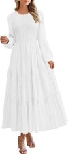 Long Sleeve Smocked Maxi Dress Crew Neck Tiered Flowy with Pockets