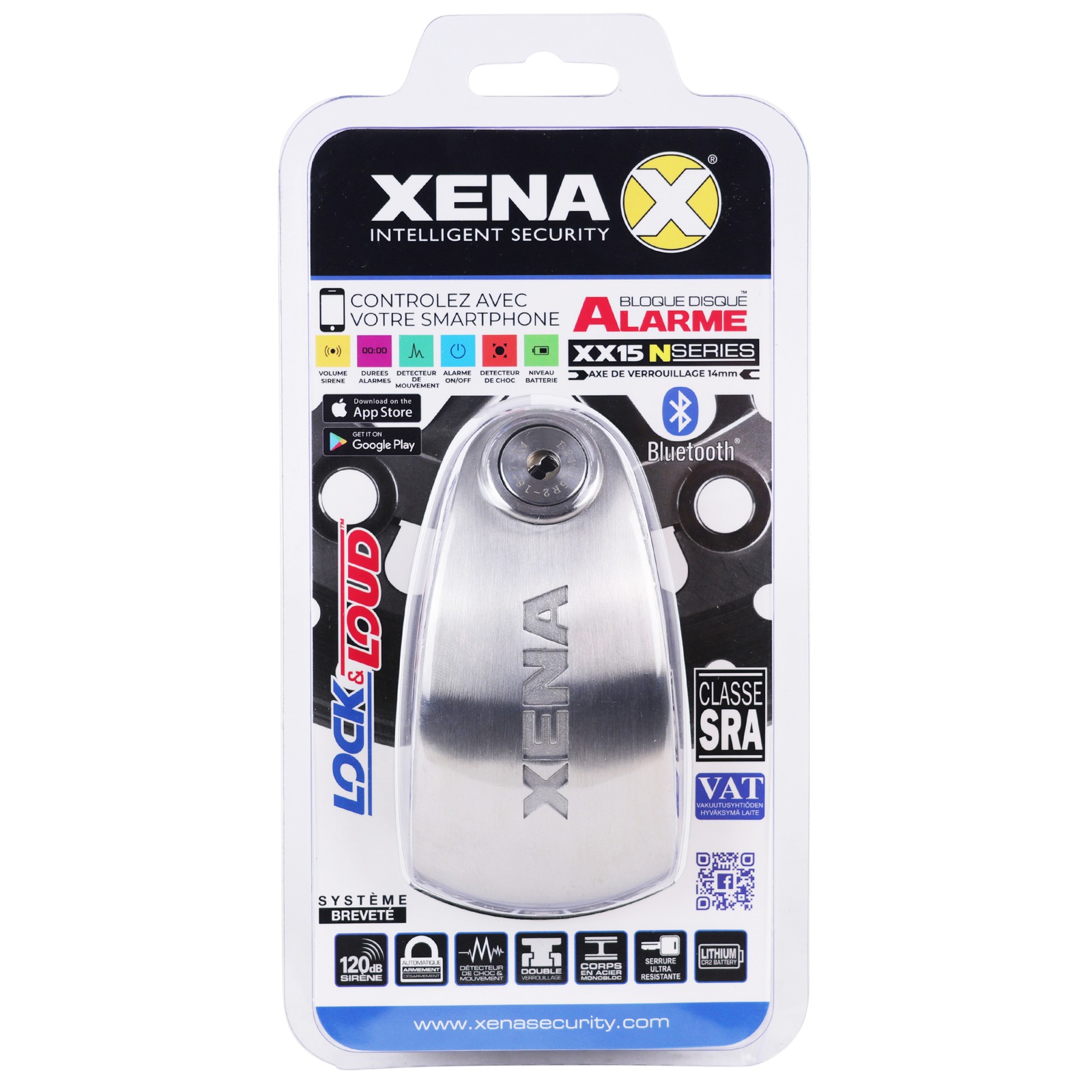 Serrure à disque Xena XX15 alarme inox brossé Bluetooth pour moto