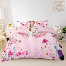 Pink Bedding Set,Flowers Pattern Duvet Cover for Kids King 104"x90" Butterfly