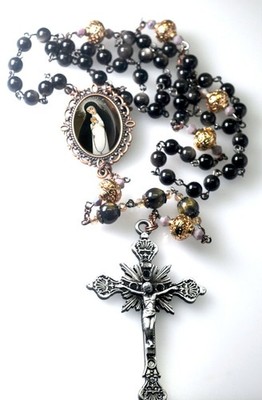 Our Lady of Solitude Rosary Black Obsidian Beads Mother Mary Centerpiece