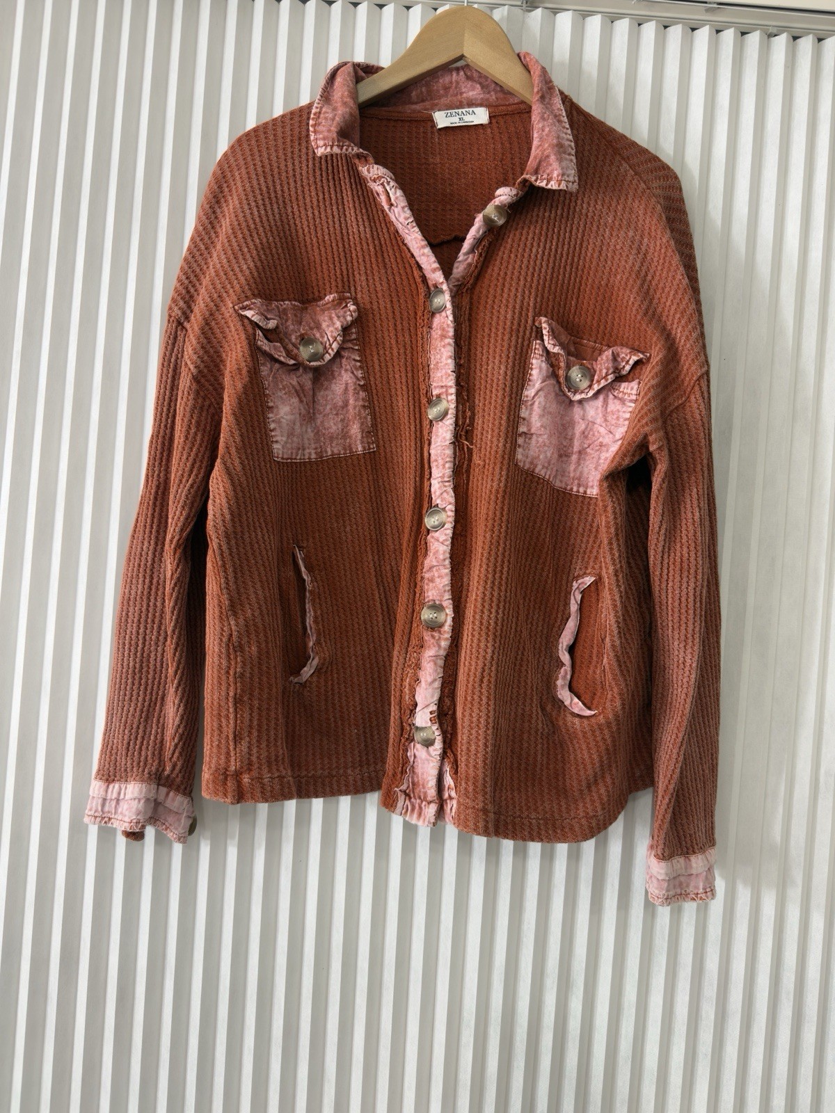 Zenana Orange Oversized Cotton Waffle Shacket Knit Button Down Distressed XL