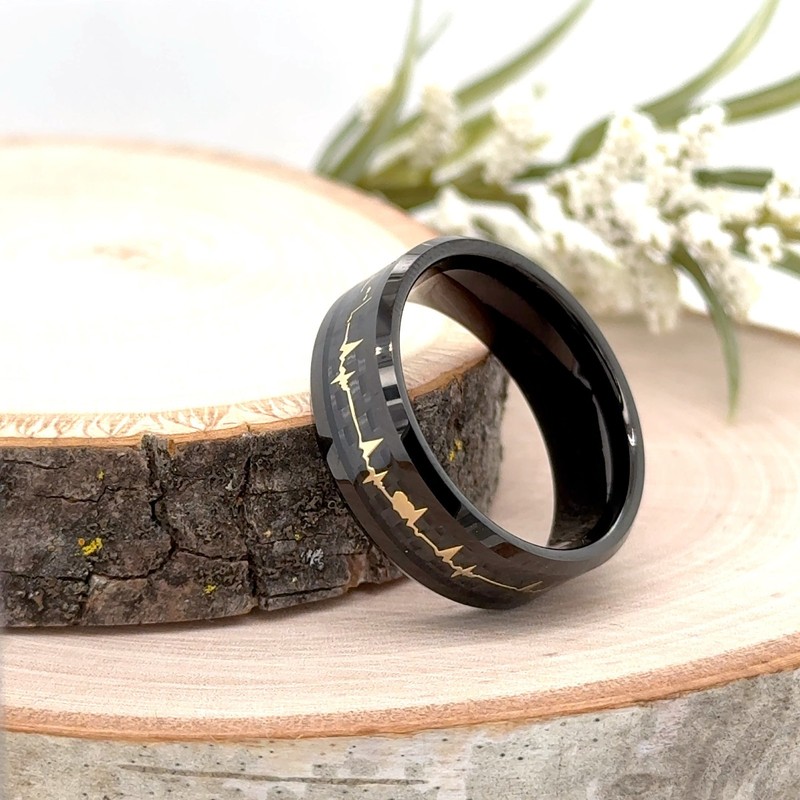 Gold Heartbeat Love Message Ring polished Black Tungsten 8mm Christmas Gift Band