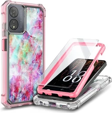 for HMD Vibe Phone Case with Tempered Glass Screen Marble Design Pink Fantasy 