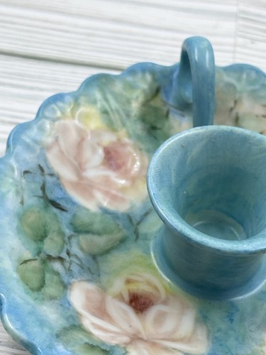 Vtg Hand Painted Porcelain Blue Pink Rose Candlestick Holder Finger Loop Drip - Picture 6 of 6