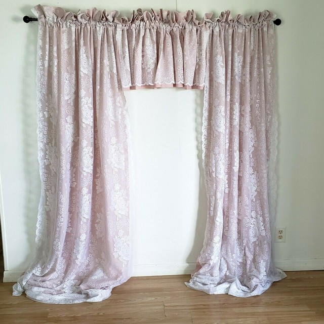 J.C. Penney Lace Curtains White Roses Lined Pink 6 Pcs 4 Valances 2