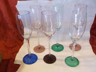 Set Of 6 Crystal Champagne FLUTES  colored bases, decorative stems, 9'' tall