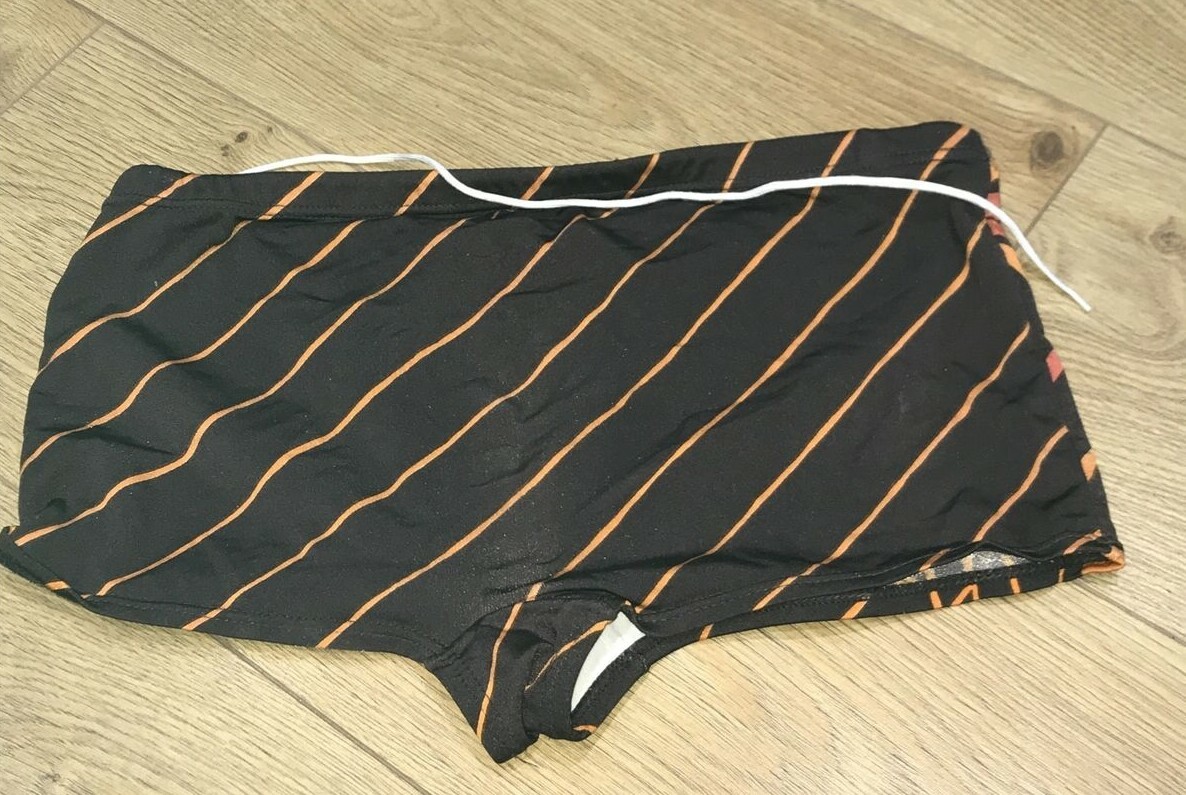 1970s Swimming Trunks Brown/Orange, Made in England, 15" across un-stretched 3