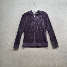 Juicy Couture Women Sweatshirt Medium Purple Y2K Velour Cropped Hoodie Mock Neck
