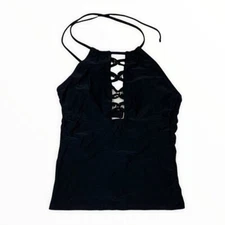 Hula Honey Black Lace Up Halter Tankini Top Beachwear Boho Y2K Aesthetic Small