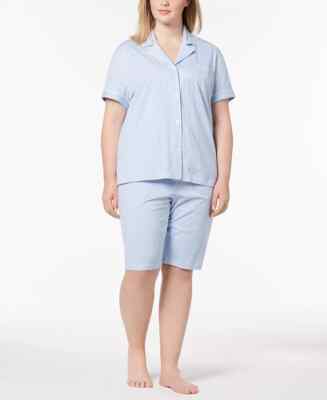 New RALPH LAUREN Blue 2 Pc 100% COTTON Top & Bermuda Shorts Pajama Set $66 Sz 2X