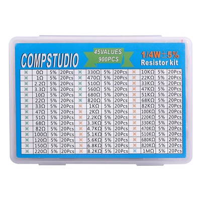 900Pcs 45 Values 5% 1/4W Resistor Kit 0 Ohm-1M Ohm Carbon Film Resistors Kit