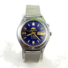 VTG Rare ORIENT 3 Star Crystal 21 Jewels 469WA2-61 CA Day/Date Blue Dial Watch