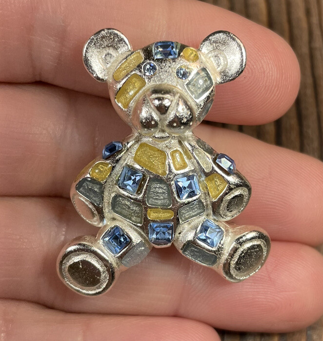 Teddy Bear Shaped Brooch Pin Patchwork Rhinestone… - image 1