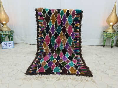 Handmade Vintage Moroccan Rug 2'8''x5' Berber Geometric Black Pink Carpet 