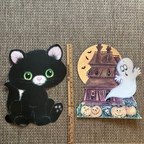 Lot 6 Vintage Halloween DieCut Out Decorations Witch Scarecrow Pumpkin Black Cat - Picture 12 of 12