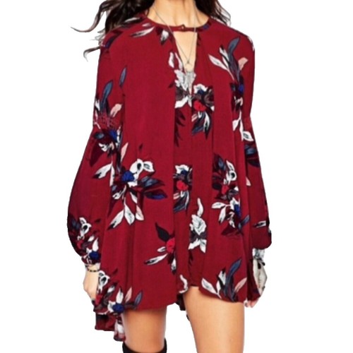 Free People Nuova Blusa Floreale Stampa Cacao Con Scollo Profondo A V E Maniche A Campana - Taglia S