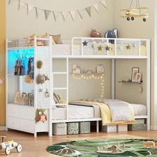 Metal Bunk Bed Twin Over Twin with Hall Tree, 4 Storage Drawers and LED Lights