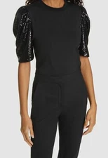 $225 Cinq A Sept Women's Black Short Sequin Sleeve Round Neck Top Size Medium