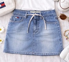 Tommy Jeans Denim Mini Skirt Womens 7 Blue Excellent Y2K Drawstring Light Wash