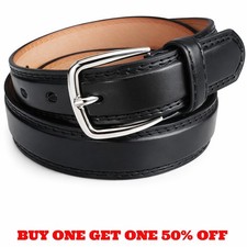 Men's Leather Casual Dress Plain Black Belt Silver Buckle Sizes S / M / L / XL