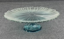 Pressed Glass Round Pedestal Cake Stand Decorative Tinted Blue Read