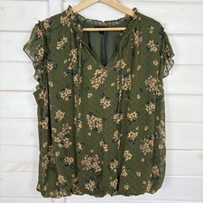 TAMARA H Top Womens Size 2XL Green Floral Blouse Ruffle Cottage Earthy Casual